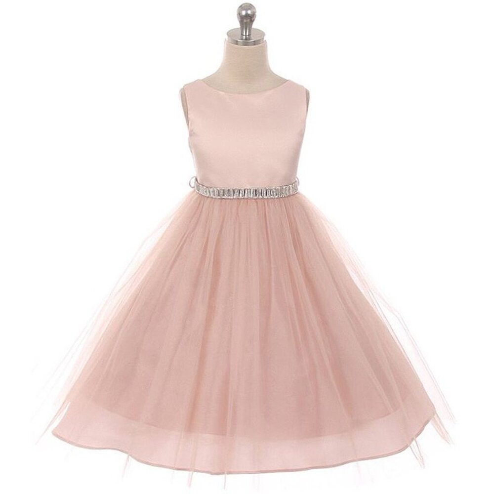 BLUSH PINK A-Line Satin Top Tulle Satin Skirt Square Stone Sash Kid Girl Dress